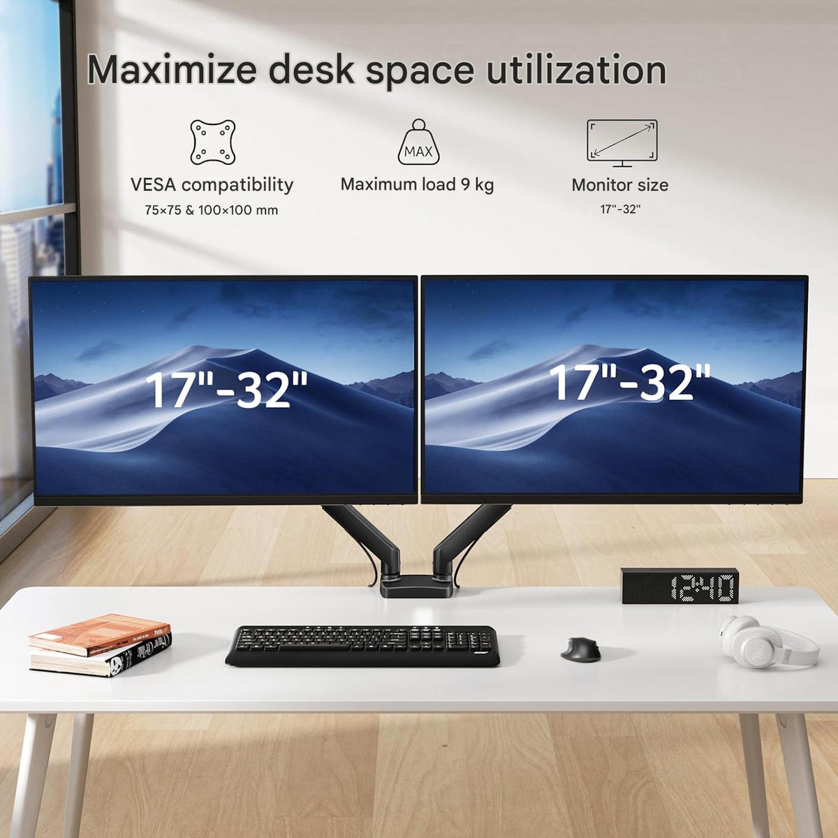Suport dublu monitor Acer 17-32 inch, brat dublu ergonomic cu arc pe gaz, aluminiu, 2-9 kg/ecran, reglare inaltime 46 cm, extensie 54 cm, inclinare -60°/+90°, rotire 360°, VESA 75/100, montaj birou, gestionare cabluri