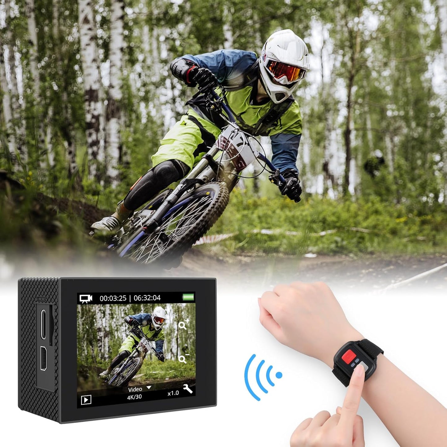Camera video sport 4K, camera de actiune WiFi Ultra HD 20 MP cu 2 acumulatori, carcasa impermeabila 40 m, stabilizare imagine, touchscreen de 2 inch, trepied reglabil, telecomanda 2.4 g si husa de depozitare si transport