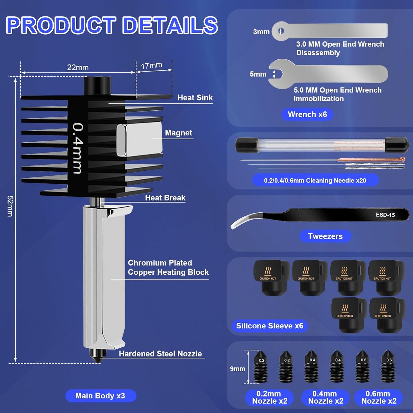 Set 3 Hotend-uri 0.4 mm pentru Bambu Lab A1 / A1 Mini, cu duze otel calit 0.2/0.4/0.6 mm, sosete silicon, ace curatare si chei, compatibil PLA ABS PETG TPU lemn 1.75 mm, kit complet extruder imprimanta 3D