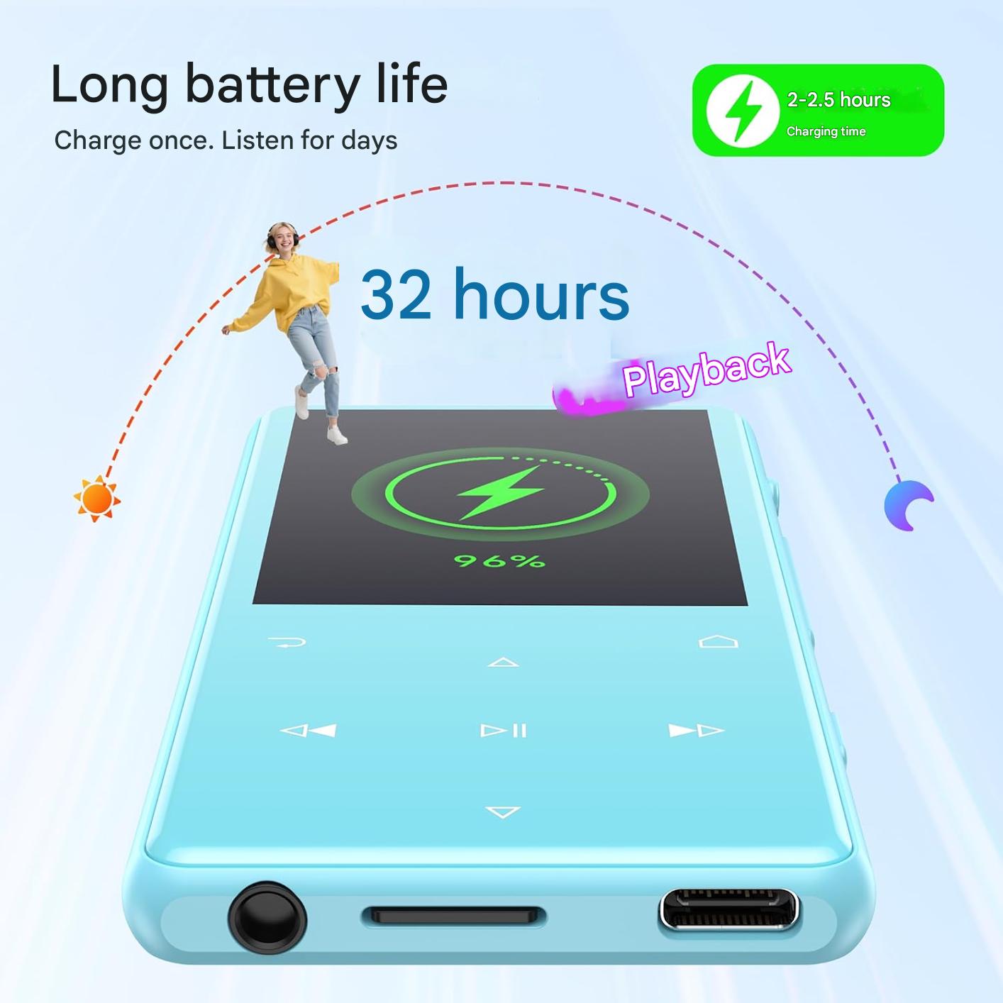 MP3 Player 128 GB AGPTEK cu Bluetooth 5.4, ecran 2, 4 inch, inregistrare cu un singur clic, difuzor HD incorporat, radio FM, carcasa metalica, butoane tactile, portabil, casti incluse, albastru