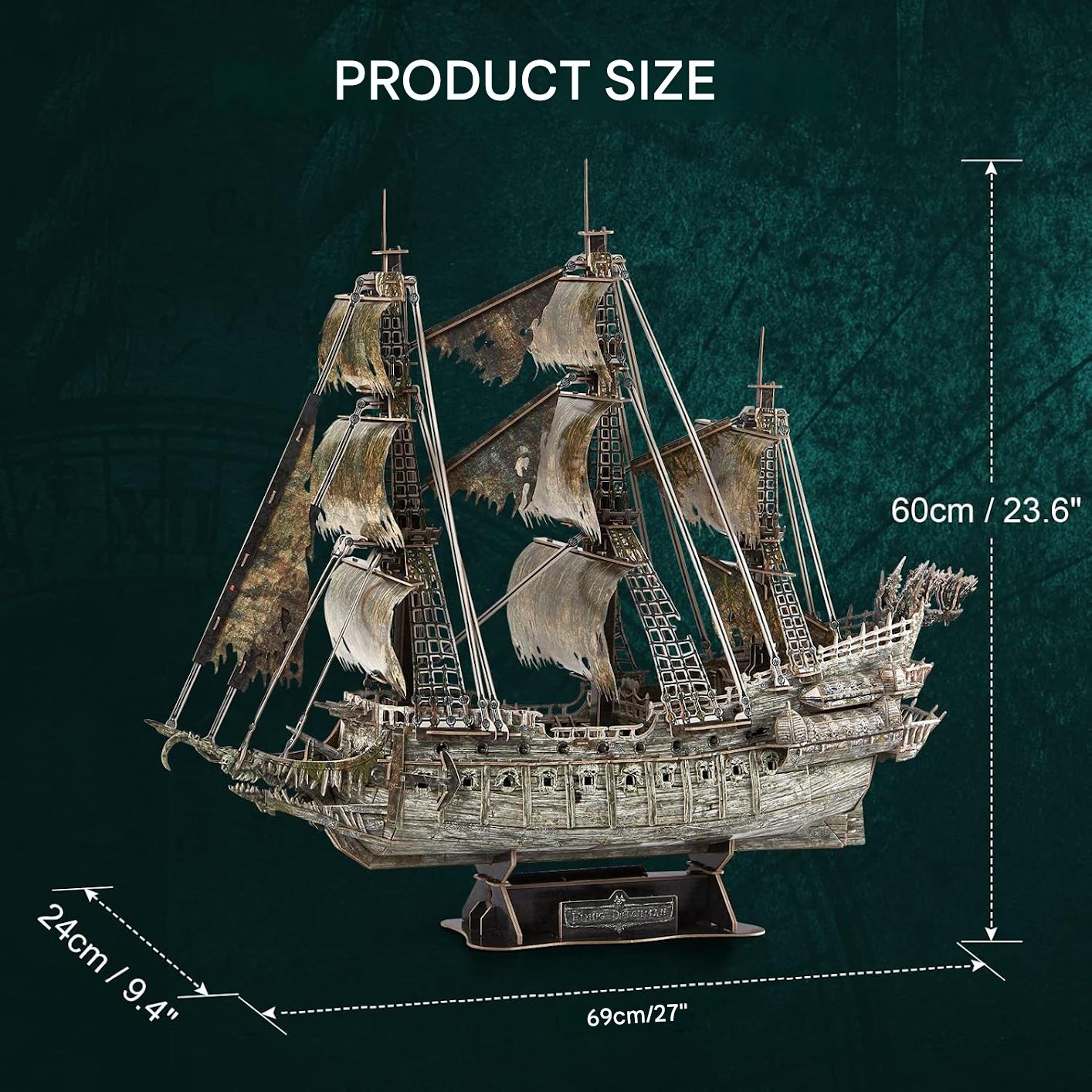 Puzzle 3D LED corabia fantoma Olandezul Zburator, 360 piese, model de colectie cu iluminare LED, dimensiuni 67 x 26, 6 x 63, 5 cm, montaj fara lipici si unelte, constructie EPS, cadou pentru adulti, adolescenti si colectionari, 14+ ani