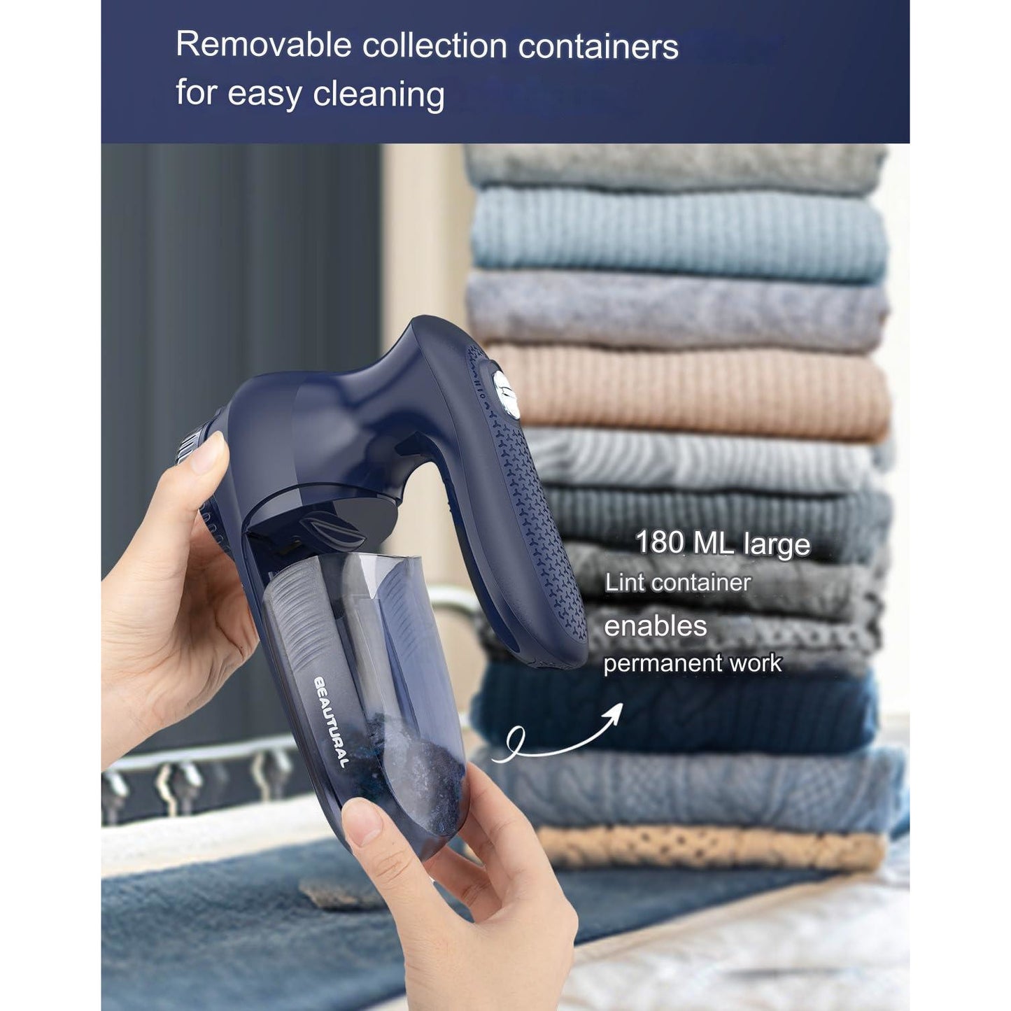 Aparat de curatat scame Beautural Lint, rotire a lamei de pana la 9000 rotatii/min, cutit cu 6 lame, 2 viteze, perie de curatare, recipient transparent, Albastru