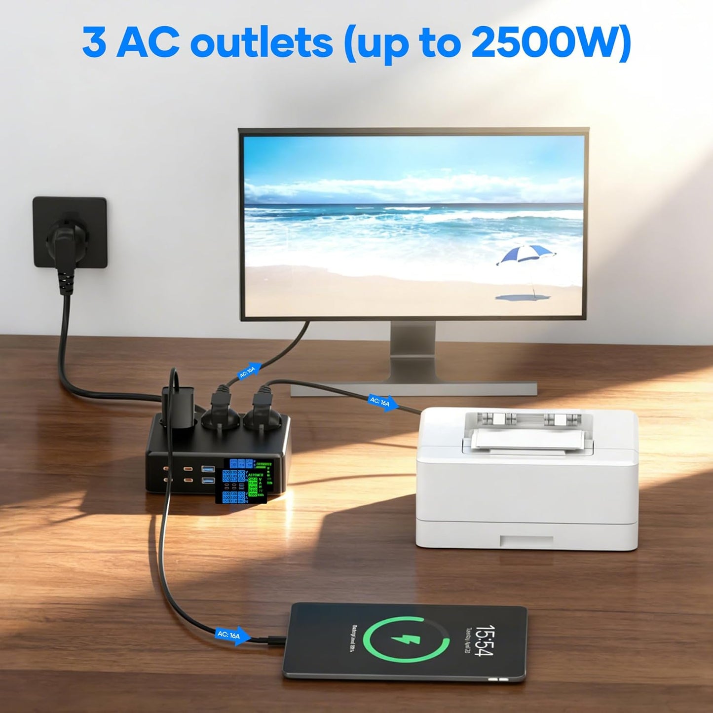 Prelungitor 9 in 1 cu 3 prize, 4x USB-C si 2x USB-A, 2500 W, incarcare rapida 90W PD, display LED, protectie supratensiune, cablu 1.2 m, negru