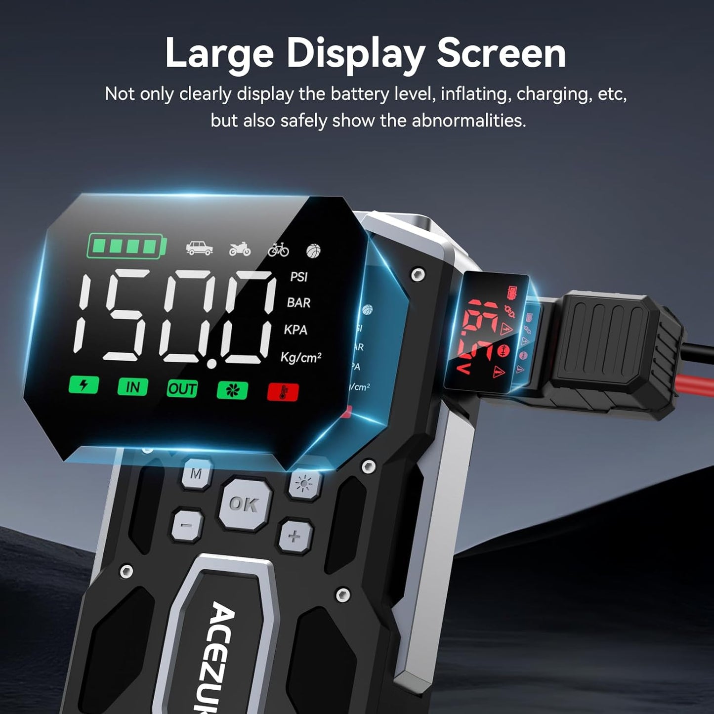 Starter auto portabil, Jump Starter 2 in 1 cu compresor aer, 6000 A, 26800 mAh, functie powerbank, 2 USB-a si 1 USB-C, display LCD, lanterna LED, multifunctional