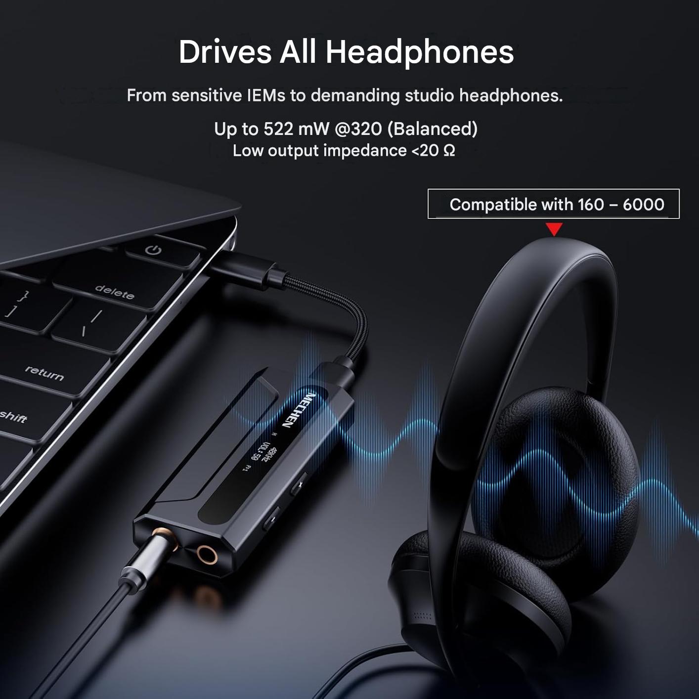 Amplificator casti MECHEN AP10 DAC portabil cu ES9028Q2M + ES9603Q, suport 384kHz/DSD256, iesiri 3.5mm si 4.4mm balanced, USB-C, compatibil Android/iOS/Windows/macOS, OLED 0.87”, SNR 120dB, Hi-Res Audio pentru telefon, PC si laptop