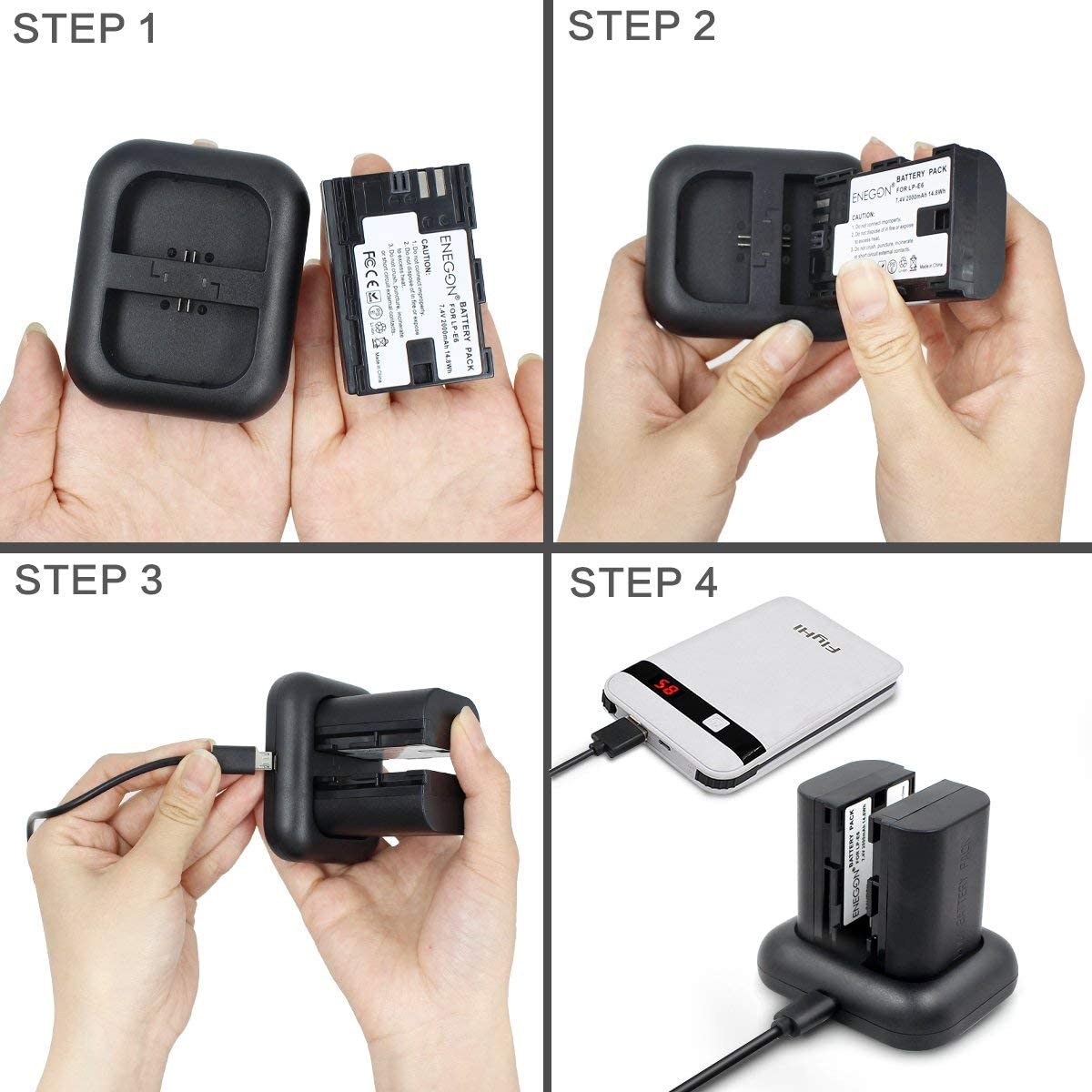 Set 2 acumulatori 2000 mAh LP-E6, LP-E6N cu incarcator dublu, Enegon, Pentru Canon