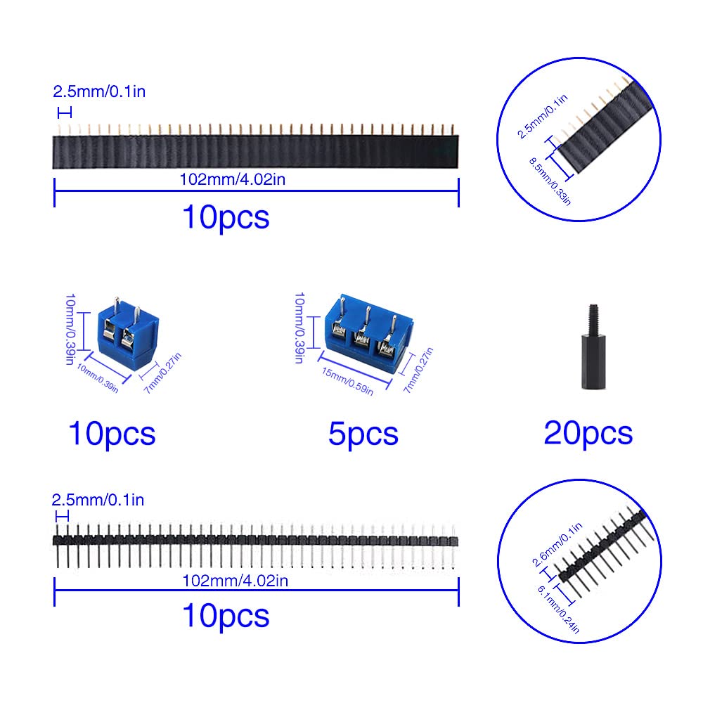 Kit prototipare PCB VooGenzek 75 piese, 20 placi PCB fata-verso 2.54 mm, conectori Header mascul/femela, terminale cu surub 2 si 3 pini, distantiere Nylon, pentru arduino si electronice DIY