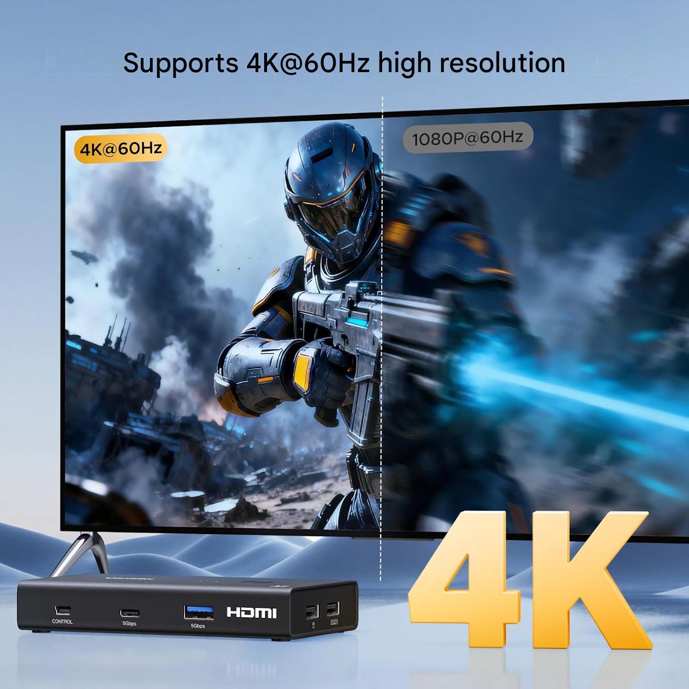 Comutator KVM HDMI pentru 2 PC-uri si 1 monitor, rezolutie pana la 4K 60Hz, 3x USB-A + 1x USB-C USB 3.0, transfer date 5Gbps, partajare tastatura, mouse, imprimanta si stick USB, suport HDR10+, VRR, G-Sync si FreeSync, comutare prin buton si telecomanda