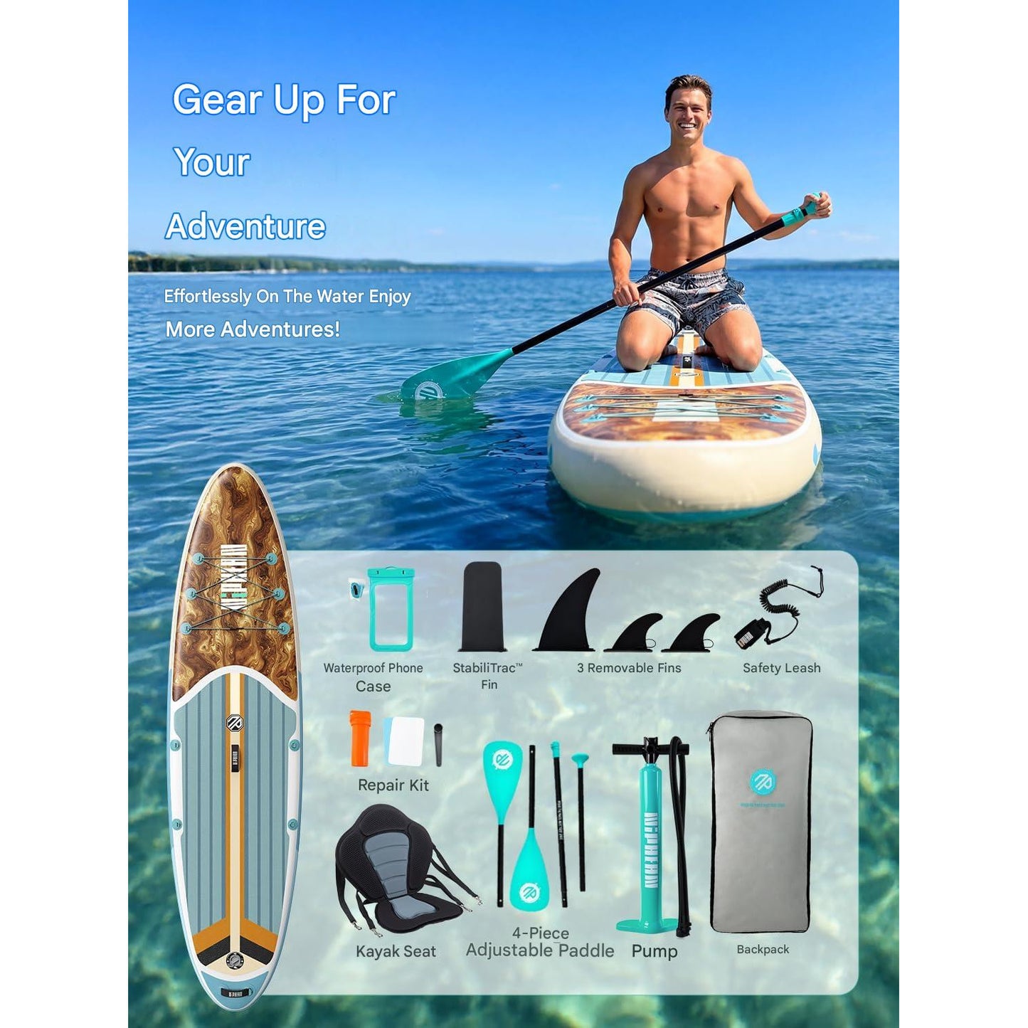 Placa Stand Up Paddle gonflabila Niphean 320 cm, set SUP complet pentru surf, caiac si agrement, cu scaun caiac, vasla reglabila si pompa, capacitate 200 kg, PVC rezistent, platforma EVA antiderapanta, pentru adulti si incepatori