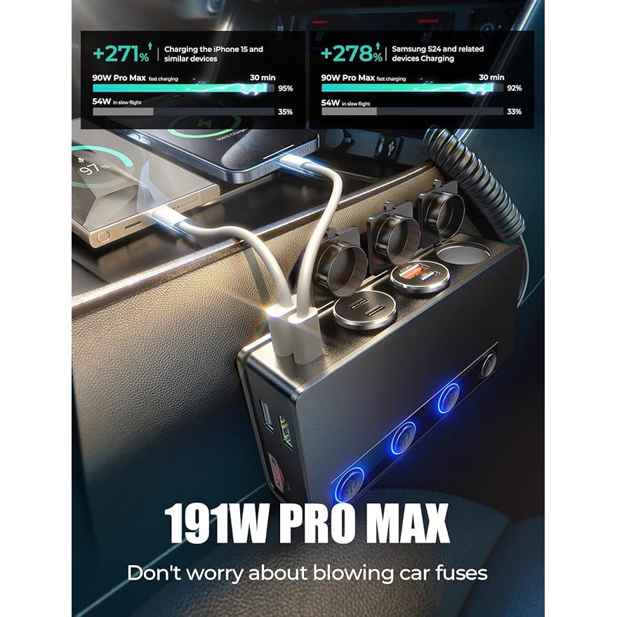 Adaptor bricheta auto 191W Pro, 12V/24V, cu 2 porturi QC & 3.0 18W, 2 PD & 3.0 Pro 30W, 3 prize soclu 80W, 2 porturi USB 15W, monitorizare LED a tensiunii, intrerupatoare, incarcator priza auto pentru smartphone, tableta, dashcam