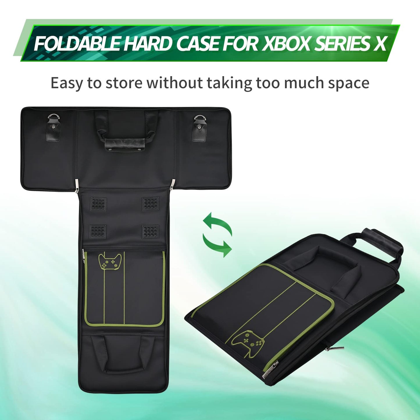 Geanta pentru Xbox Series X/S, cu skin controller, pliabila, cu pereti rigizi, maner si curea de umar, rezistenta la socuri, design ergonomic, pentru consola si accesorii, neagra