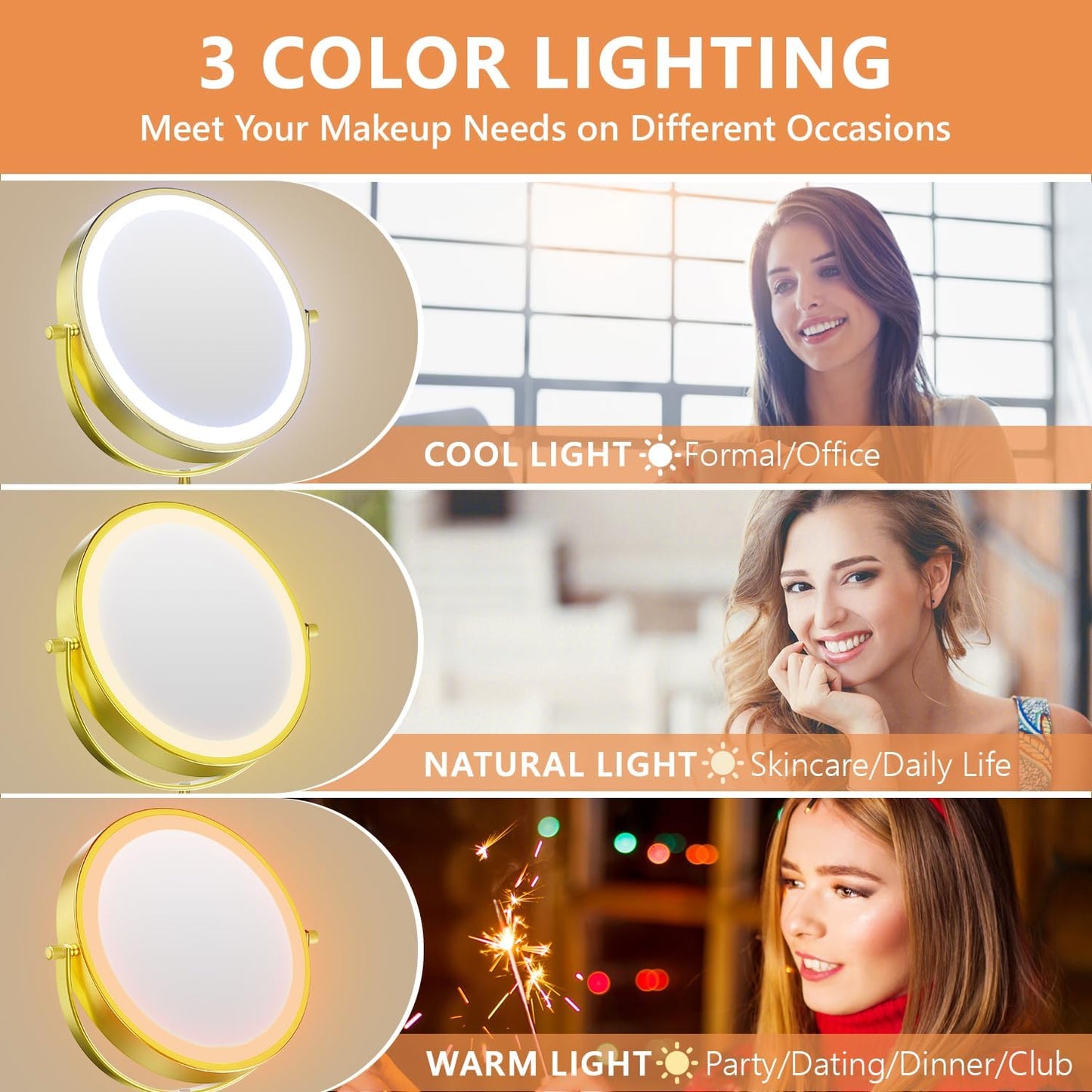 Oglinda cosmetica iluminata LED, marire 1X/20X, luminozitate reglabila, 3 moduri iluminare, reincarcabila, cu doua fete, buton tactil, rotativa 360°, aurie