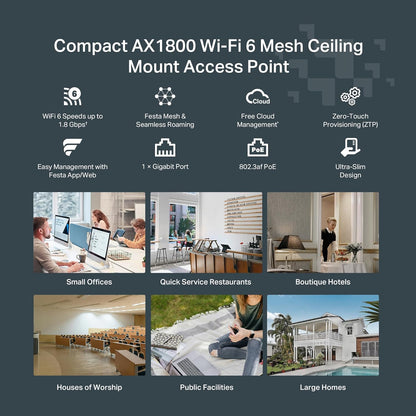 Access Point TP-Link Festa F61 AX1800 WiFi 6, dual-band 2.4/5 GHz, 1.8 Gbps, MU-MIMO, OFDMA, management cloud gratuit, PoE 802.3af/at + DC 12V, mesh, VPN, VLAN, pana la 250 utilizatori, retea guest