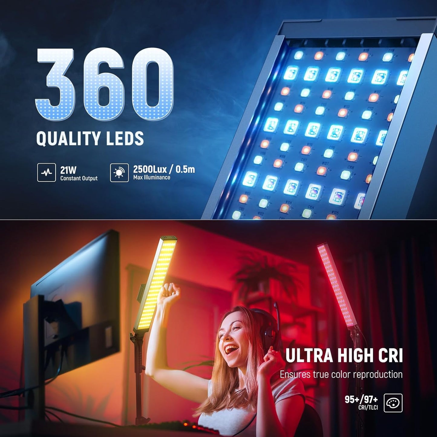 Kit lumina continua, 2 lumini studio LED RGB, lampa video CRI95+, 3250lux, dimabile 2500-10000K, control prin aplicatie, filtre difuzie, display LCD, alimentare duala, cu 2 buc trepied reglabil si geanta de depozitare si transport