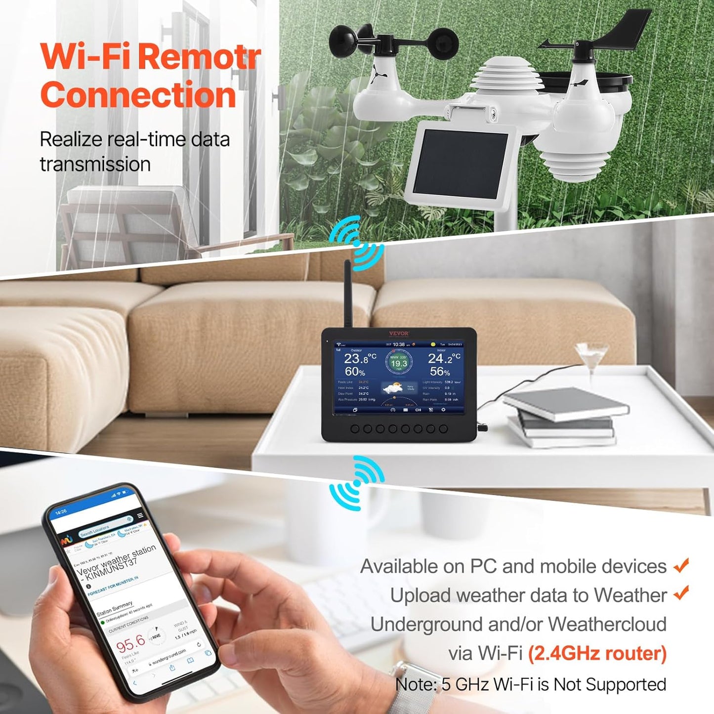 Statie meteo WiFi 7 in 1 cu display de 7 inch, senzor exterior cu panou solar, monitorizare viteza si directie vant, temperatura, umiditate, precipitatii, suporta Weather Underground si WeatherCloud, multifunctionala
