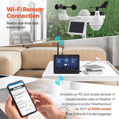 Statie meteo WiFi 7 in 1 cu display de 7 inch, senzor exterior cu panou solar, monitorizare viteza si directie vant, temperatura, umiditate, precipitatii, suporta Weather Underground si WeatherCloud, multifunctionala