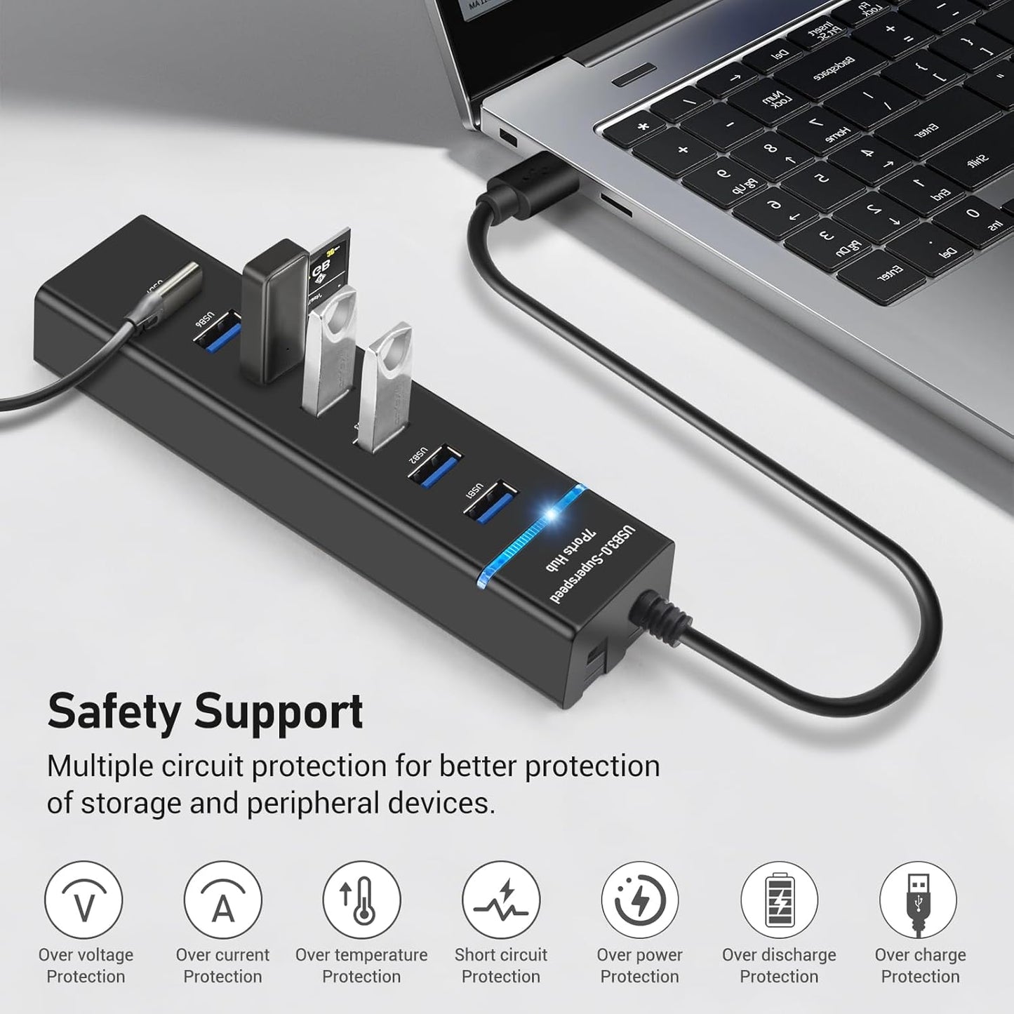 Hub USB 7 in 1, USB 3.0, 7 porturi, 5 Gbps, de 30 cm, compatibil Windows, mac OS, Linux, Plug and Play, lumina LED, protectie supracurent, supraincarcare, scurtcircuit, multifunctional