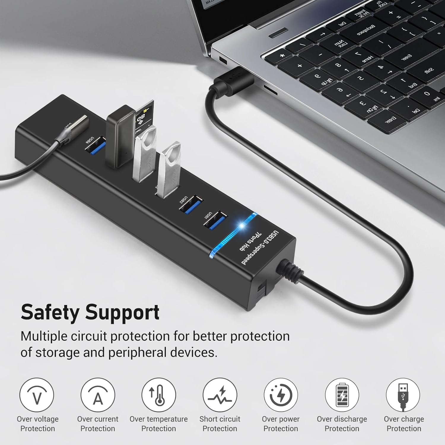 Hub USB 7 in 1, USB 3.0, 7 porturi, 5 Gbps, de 30 cm, compatibil Windows, mac OS, Linux, Plug and Play, lumina LED, protectie supracurent, supraincarcare, scurtcircuit, multifunctional