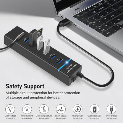 Hub USB 7 in 1, USB 3.0, 7 porturi, 5 Gbps, de 30 cm, compatibil Windows, mac OS, Linux, Plug and Play, lumina LED, protectie supracurent, supraincarcare, scurtcircuit, multifunctional