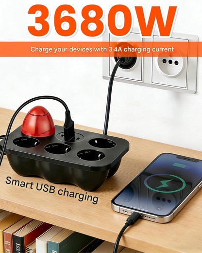 Prelungitor 7 in 1 cu protectie supratensiune, 4 prize + 2 USB-C + 1 USB-A, 16A 3680W, intrerupator, cablu 2 m, protectie copii si praf, negru