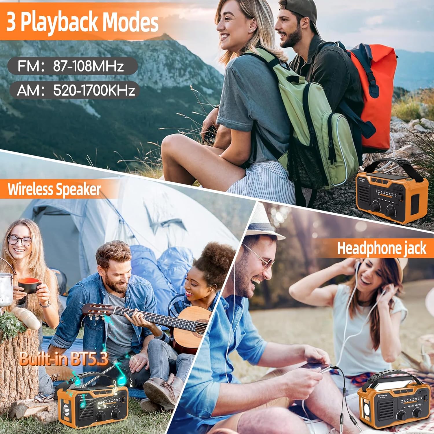 Radio portabil de urgenta cu manivela, 30.000 mAh, cu Bluetooth, panou solar, functie powerbank, lanterna si lumina de noapte, busola, alarma SOS, portocaliu
