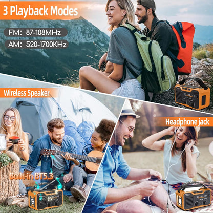 Radio portabil de urgenta cu manivela, 30.000 mAh, cu Bluetooth, panou solar, functie powerbank, lanterna si lumina de noapte, busola, alarma SOS, portocaliu