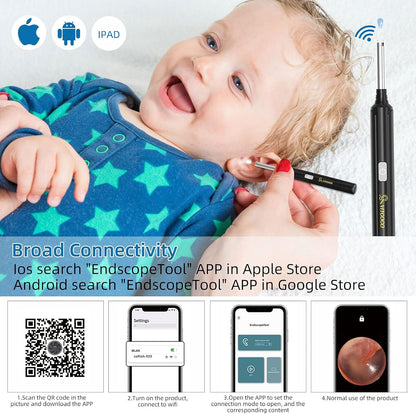 Otoscop, dispozitiv WiFi pentru indepartare ceara urechi, camera 5 MP cu lumini LED, impermeabila IP67, vizualizare live prin aplicatie Android si iOS, negru