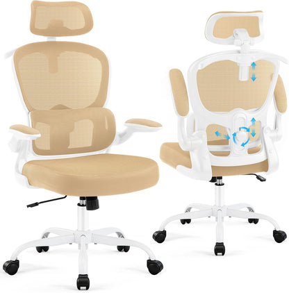 Scaun de birou ergonomic Coscendo, cu tetiera 3D reglabila si suport lombar ajustabil, inclinare 90°–120°, cotiere rabatabile 90°, reglabil pe inaltime, rotativ cu roti silentioase, sarcina maxima 130 kg, crem