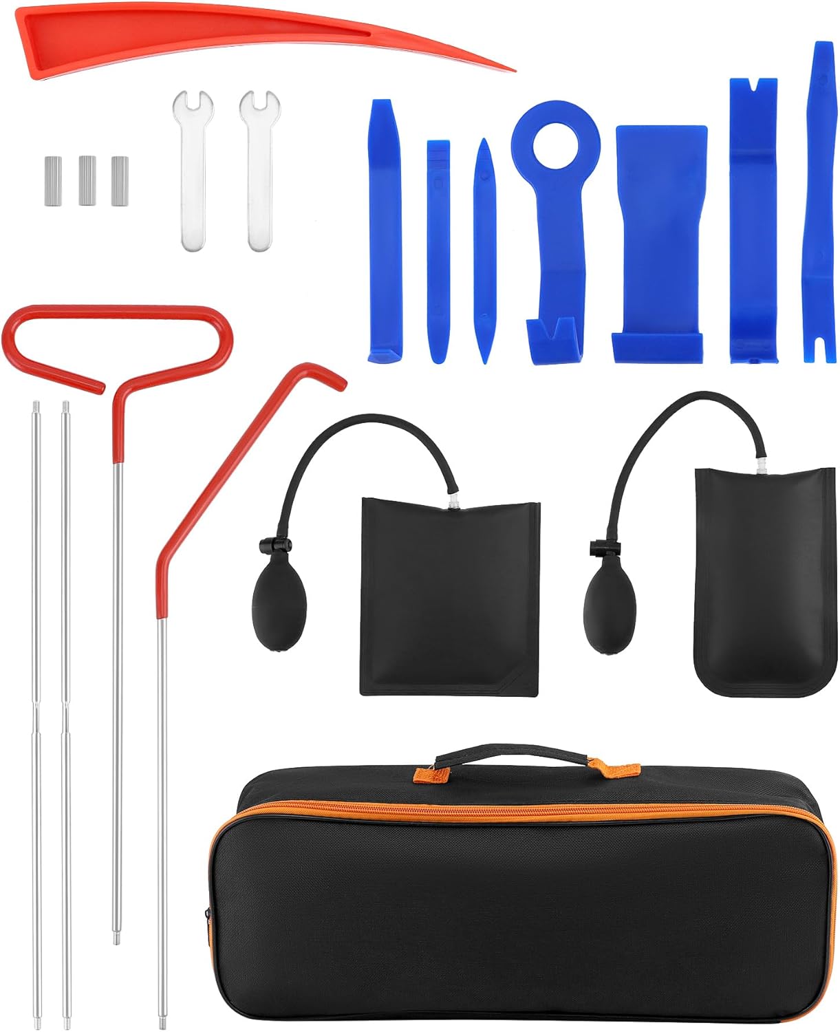 Kit de deblocare portiera auto 17 piese cu perne de aer, tije cu prelungire, scule demontare interior auto, profesionale, cu geanta de depozitare si transport
