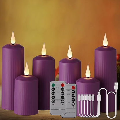 Set 6 lumanari LED reincarcabile, cu telecomanda, efect de flacara, temporizator, intensitate reglabila pe 5 niveluri, pentru Halloween, Craciun, nunta, petrecere, violet