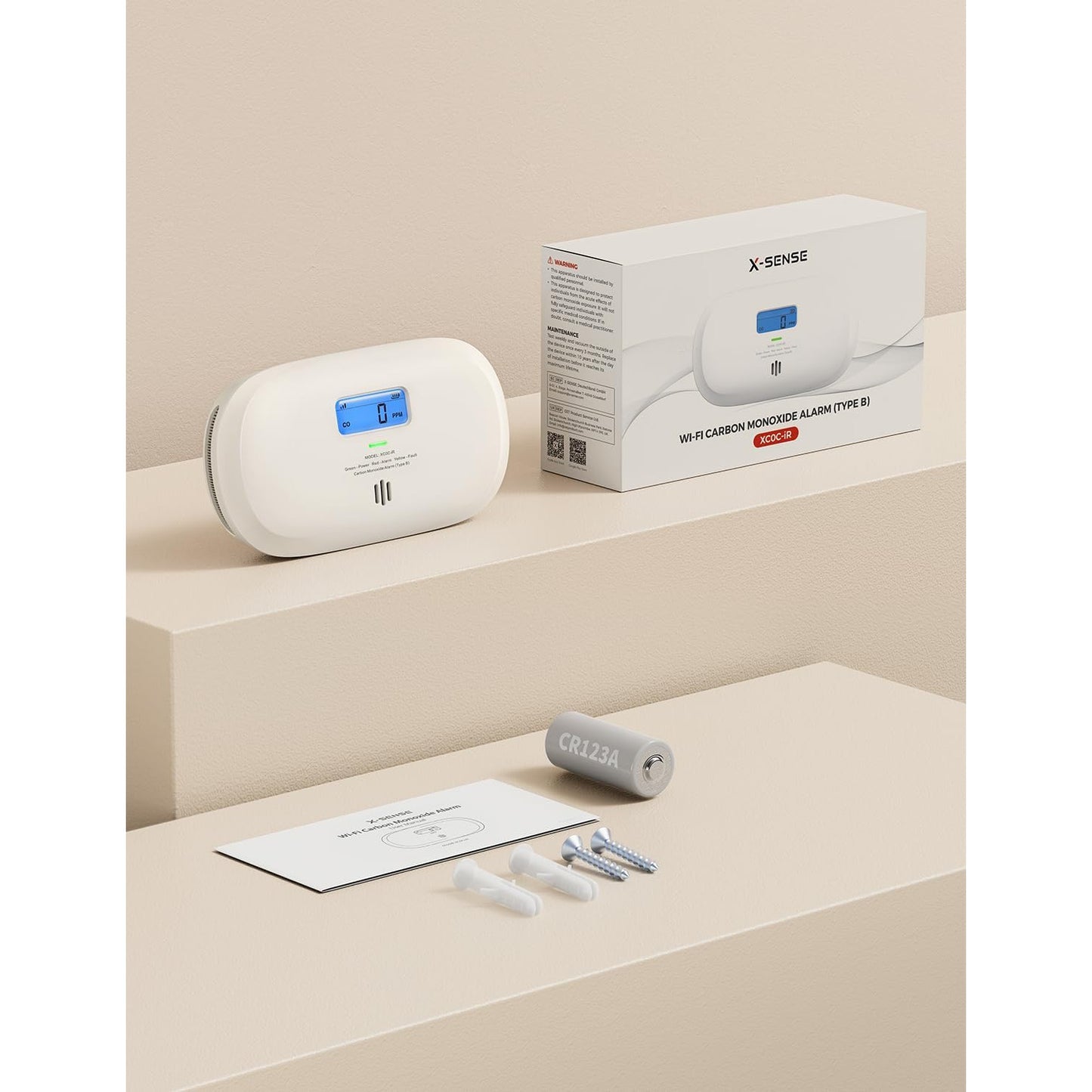 Detector inteligent de monoxid de carbon X-Sense XC0C-iR, Wi-Fi 2.4GHz, senzor electrochimic, afisaj LCD, alerte in timp real pe telefon, baterie inlocuibila, montaj perete sau portabil