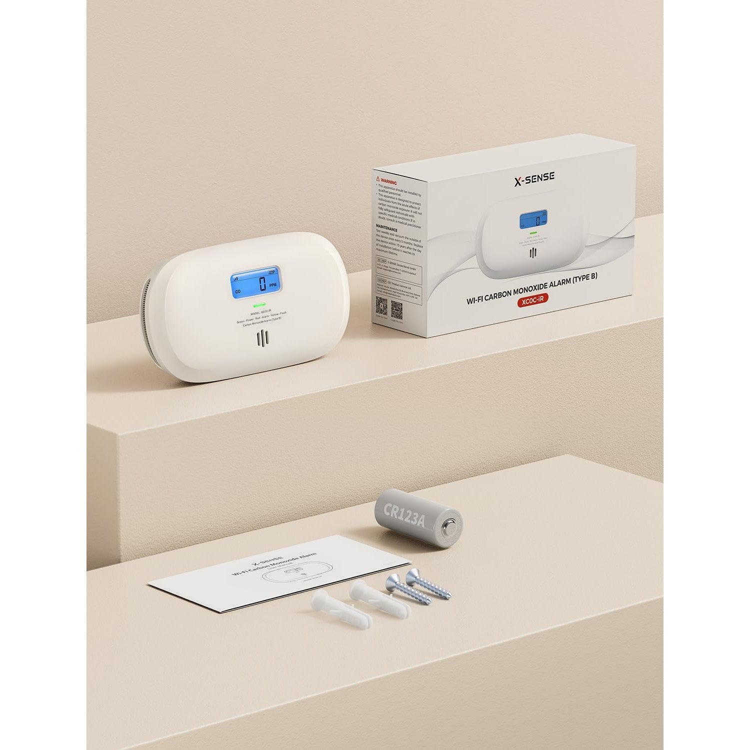 Detector inteligent de monoxid de carbon X-Sense XC0C-iR, Wi-Fi 2.4GHz, senzor electrochimic, afisaj LCD, alerte in timp real pe telefon, baterie inlocuibila, montaj perete sau portabil