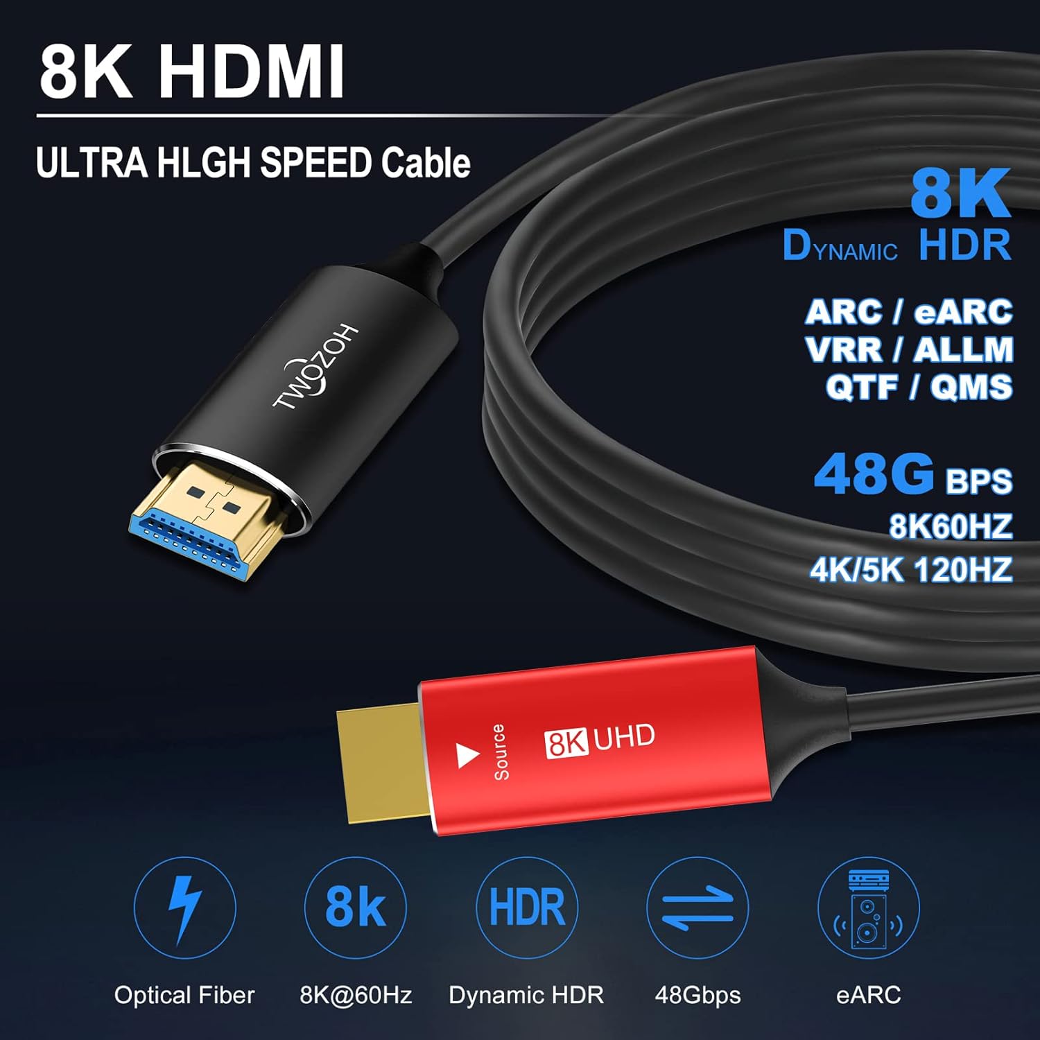 Cablu HDMI 2.1 8K de 50m, 8K la 60 Hz, 4K la 120 Hz, cu fibra optica, 48 Gbps, HDR Dinamic, suporta HDCP 2.2&2.3, Audio eARC si Dolby Atmos, unidirectional