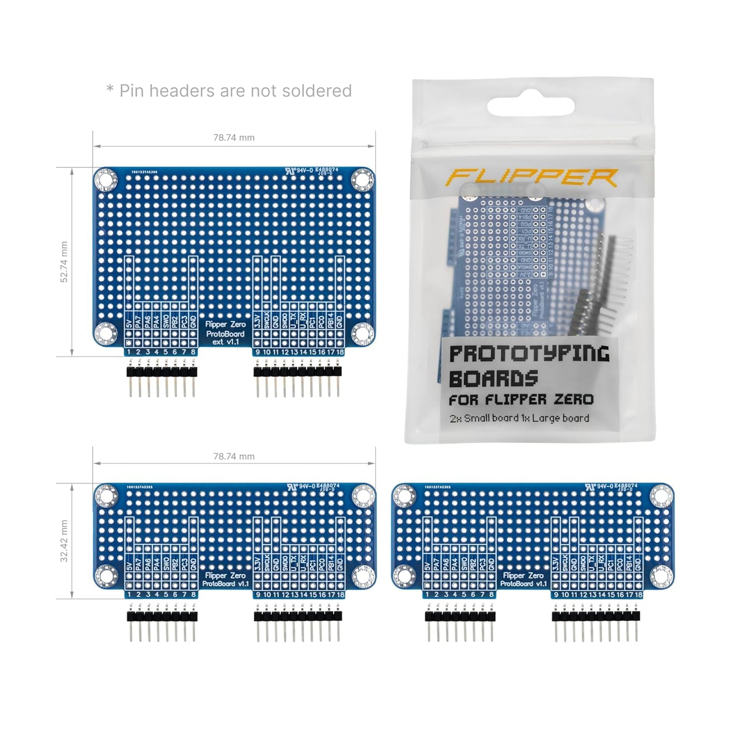 Set 3 placi de prototipare Flipper Zero, PCB FR4 pentru prototipare module GPIO, Raster 100mil, conectori pin Header neasamblat, compatibil analizor logic si osciloscop, material durabil, DIY electronica si dezvoltare proiecte