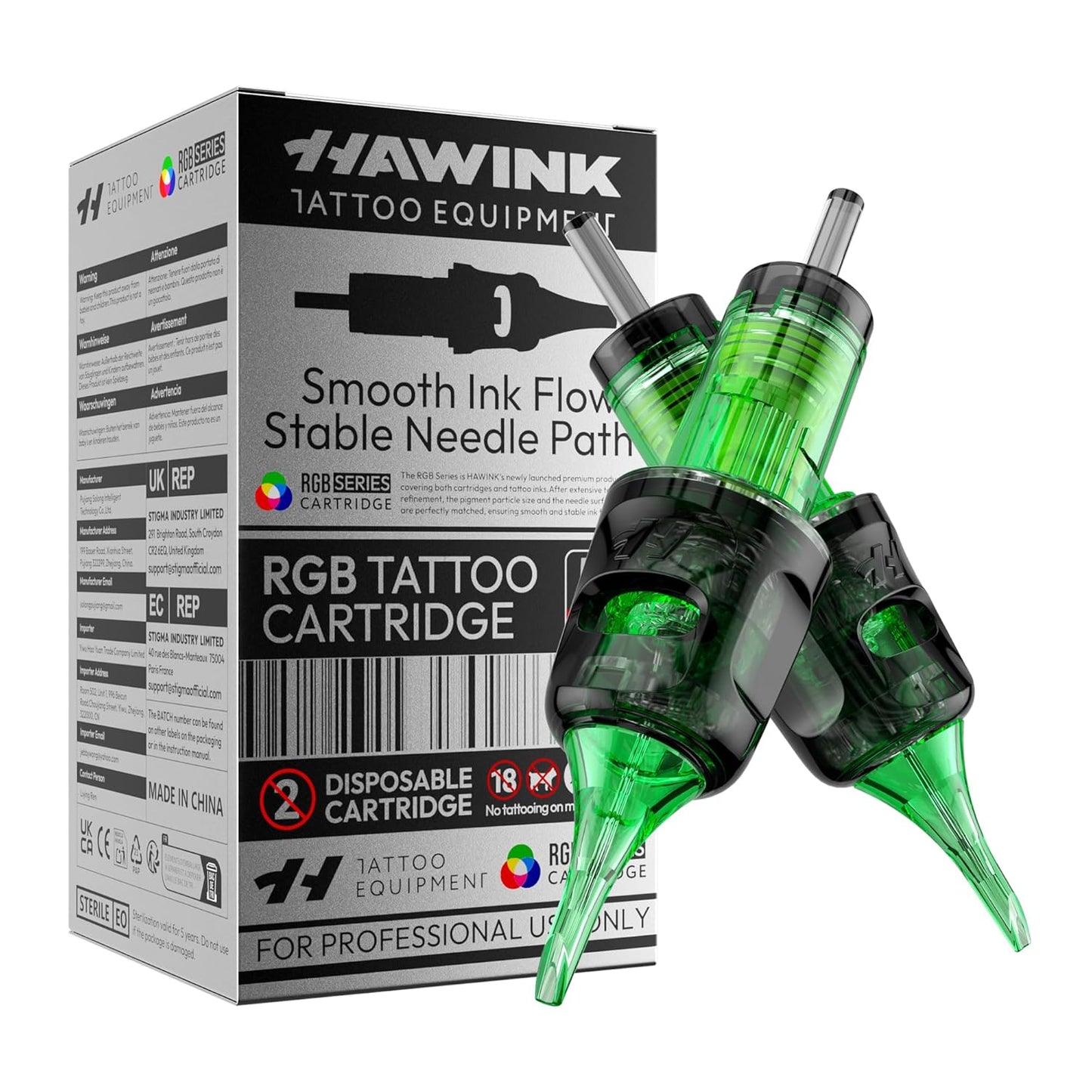 Set 50 ace de tatuat profesionale HAWINK unica folosinta #12 RGB rotunde Standard Liner 0, 35 mm, 5 tipuri modul ace 3RL, 5RL, 7RL, 9RL, 11RL din otel inoxidabil, accesorii pentru incepatori si artisti EN20-FG-50KIT-E
