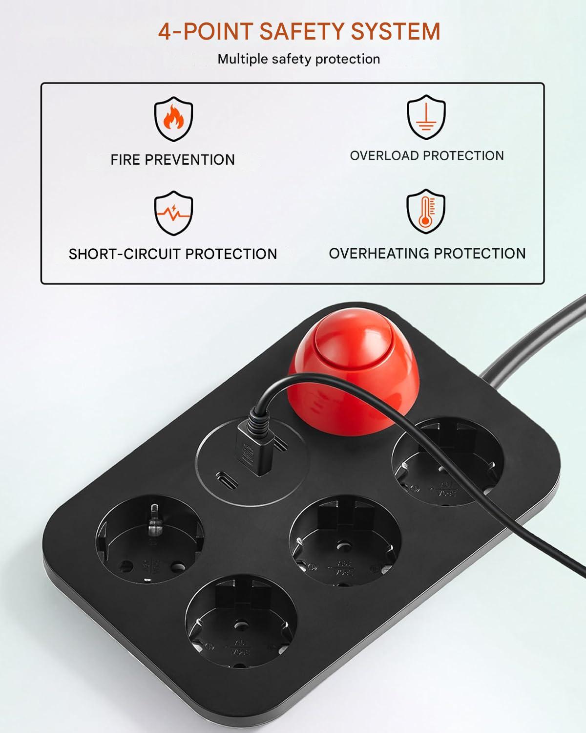 Prelungitor 7 in 1 cu protectie supratensiune, 4 prize + 2 USB-C + 1 USB-A, 16A 3680W, intrerupator, cablu 2 m, protectie copii si praf, negru