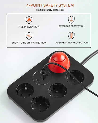 Prelungitor 7 in 1 cu protectie supratensiune, 4 prize + 2 USB-C + 1 USB-A, 16A 3680W, intrerupator, cablu 2 m, protectie copii si praf, negru