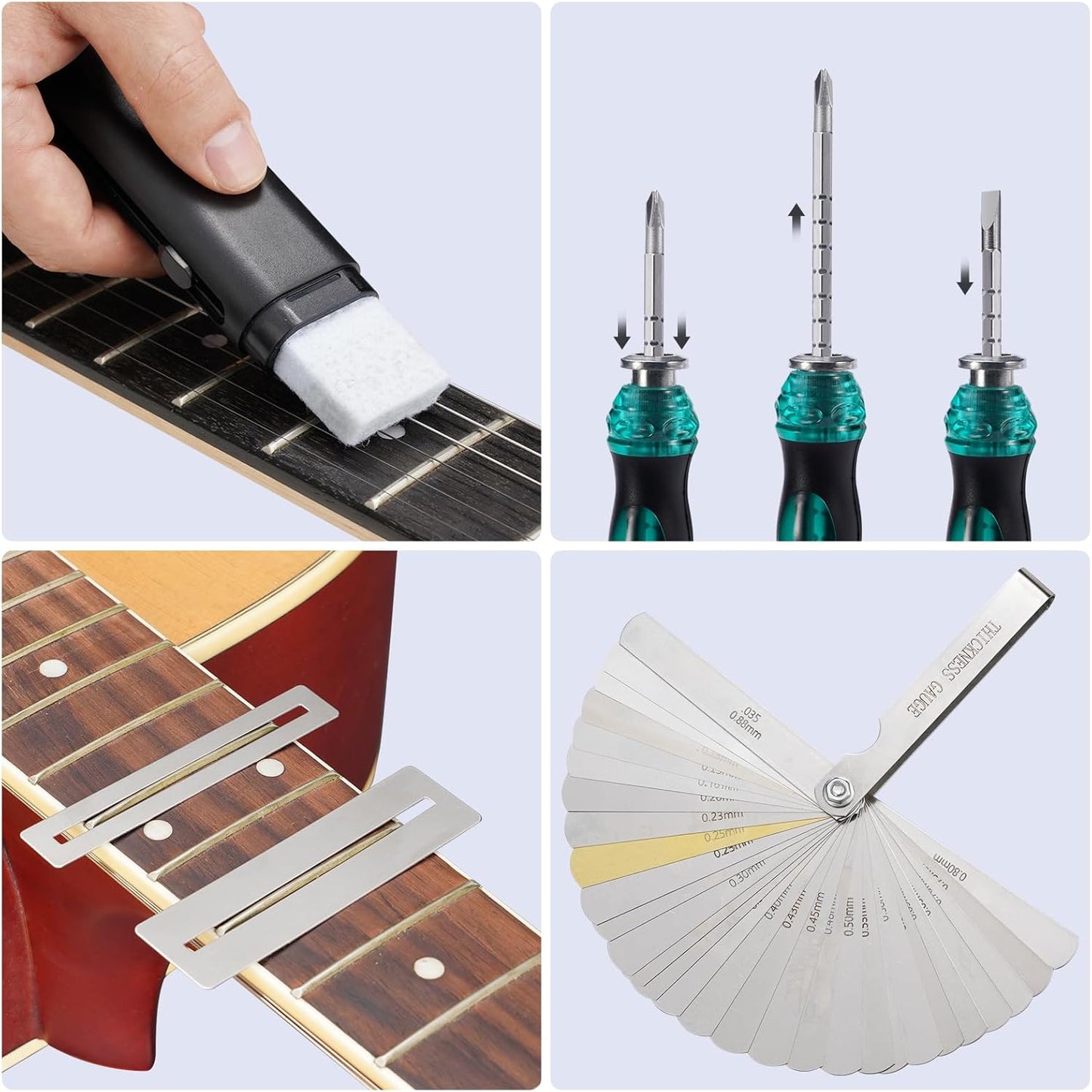 Kit reparatii chitara, 72 piese cu chei inbus, cleste, infasuratori de corzi, pile, surubelnita si accesorii pentru chitara acustica, Ukulele, Bas, Mandolina, Banjo