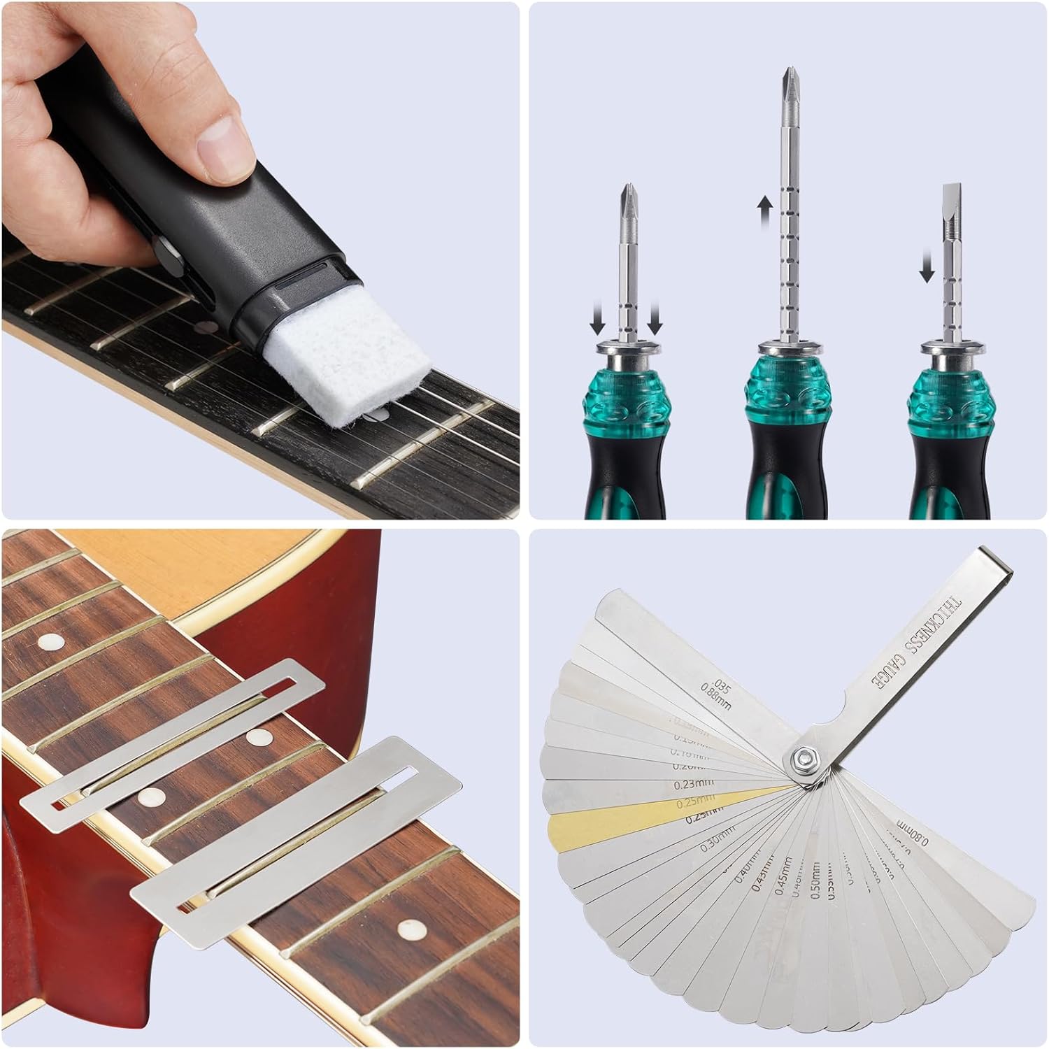 Kit reparatii chitara, 72 piese cu chei inbus, cleste, infasuratori de corzi, pile, surubelnita si accesorii pentru chitara acustica, Ukulele, Bas, Mandolina, Banjo