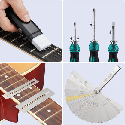 Kit reparatii chitara, 72 piese cu chei inbus, cleste, infasuratori de corzi, pile, surubelnita si accesorii pentru chitara acustica, Ukulele, Bas, Mandolina, Banjo
