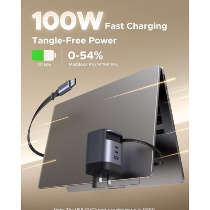 Incarcator retea 100 W PD GaN, cu cablu de incarcare USB-C retractabil, cu 2 porturi USB-C si 1 port USB-A, suporta fast-charge PD/QC/PPS, pentru laptop, tableta, smartphone