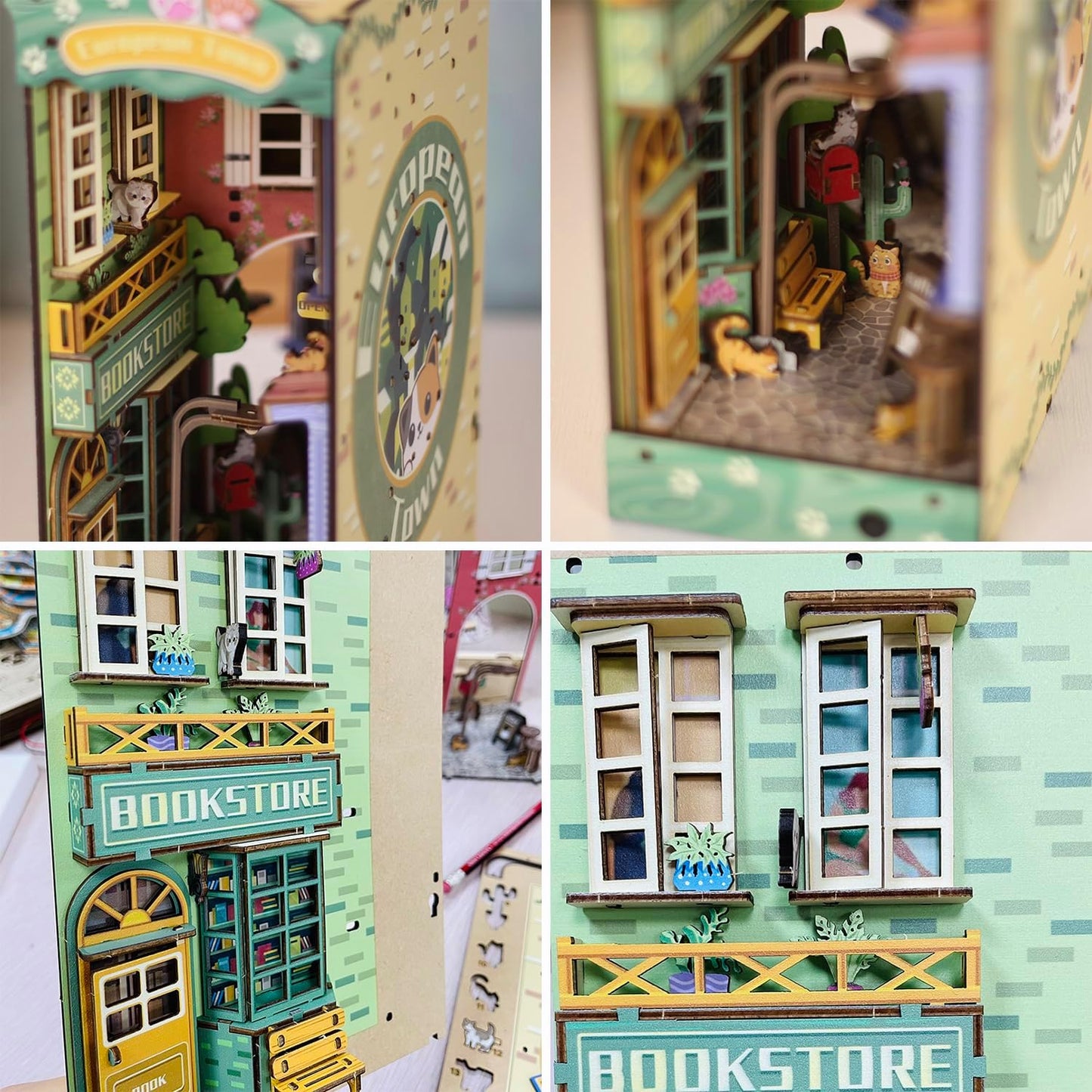 Puzzle 3D, Book Nook DIY cu lumina LED, cotor de carte din lemn, accesotiu decorativ suport carti straduta cu pisici