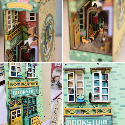 Puzzle 3D, Book Nook DIY cu lumina LED, cotor de carte din lemn, accesotiu decorativ suport carti straduta cu pisici