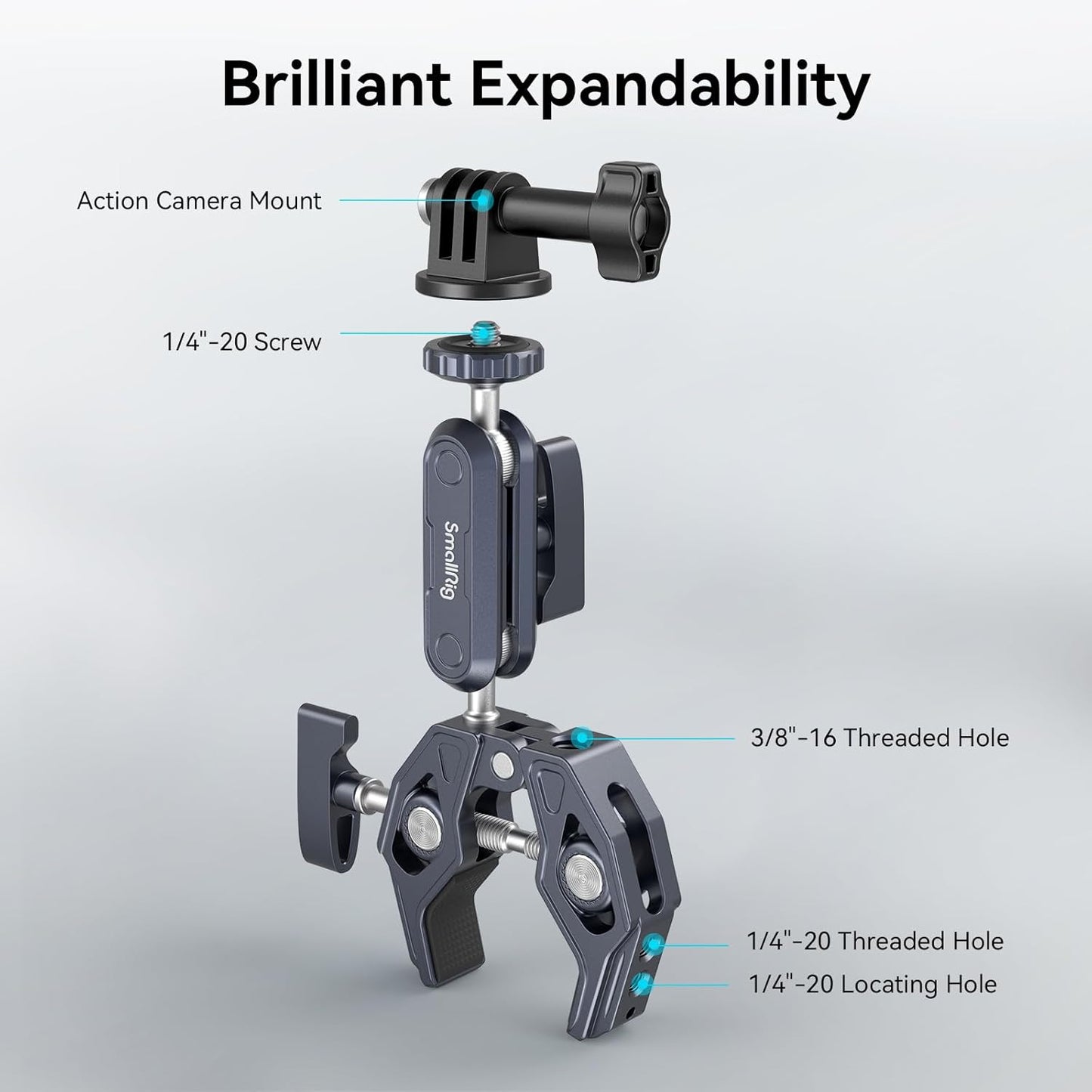 Clema de fixare magic arm cu menghina si montura cap bila cu rotatie 360°, adaptor GoPro, filete de 1/4 inch si 3/8 inch, clema crab cu sarcina maxima suportata 3.5 kg, 3757B