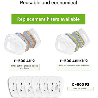 Masca respiratorie AirGearPro G-500 cu filtru A1P2 si P2, semimasca protectie cu sistem dublu de filtrare, pentru vopsire, slefuire, constructii, praf fin, gaze si vapori, reutilizabila, cu curele reglabile