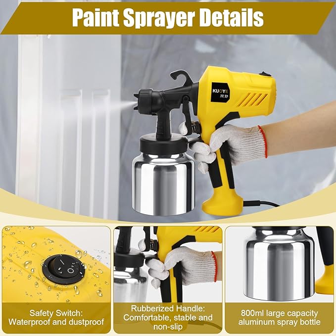 Pistol de vopsit electric 400 W, cu 4 duze de cupru 0,8/ 1,0/ 1,5/ 2,5 mm, recipient 800 ml din aluminiu, detasabil, perie si ac de curatare, pulverizator de vopsea cu supapa reglabila, model pulverizare rotund, orizontal sau vertical