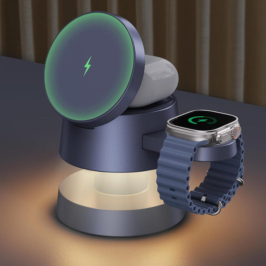 Incarcator wireless 4 in 1, statie de incarcare Magsafe 22.5 W cu lampa de veghe, incarcare rapida, unghi reglabil, pentru Apple iPhone, Iwatch, AirPods