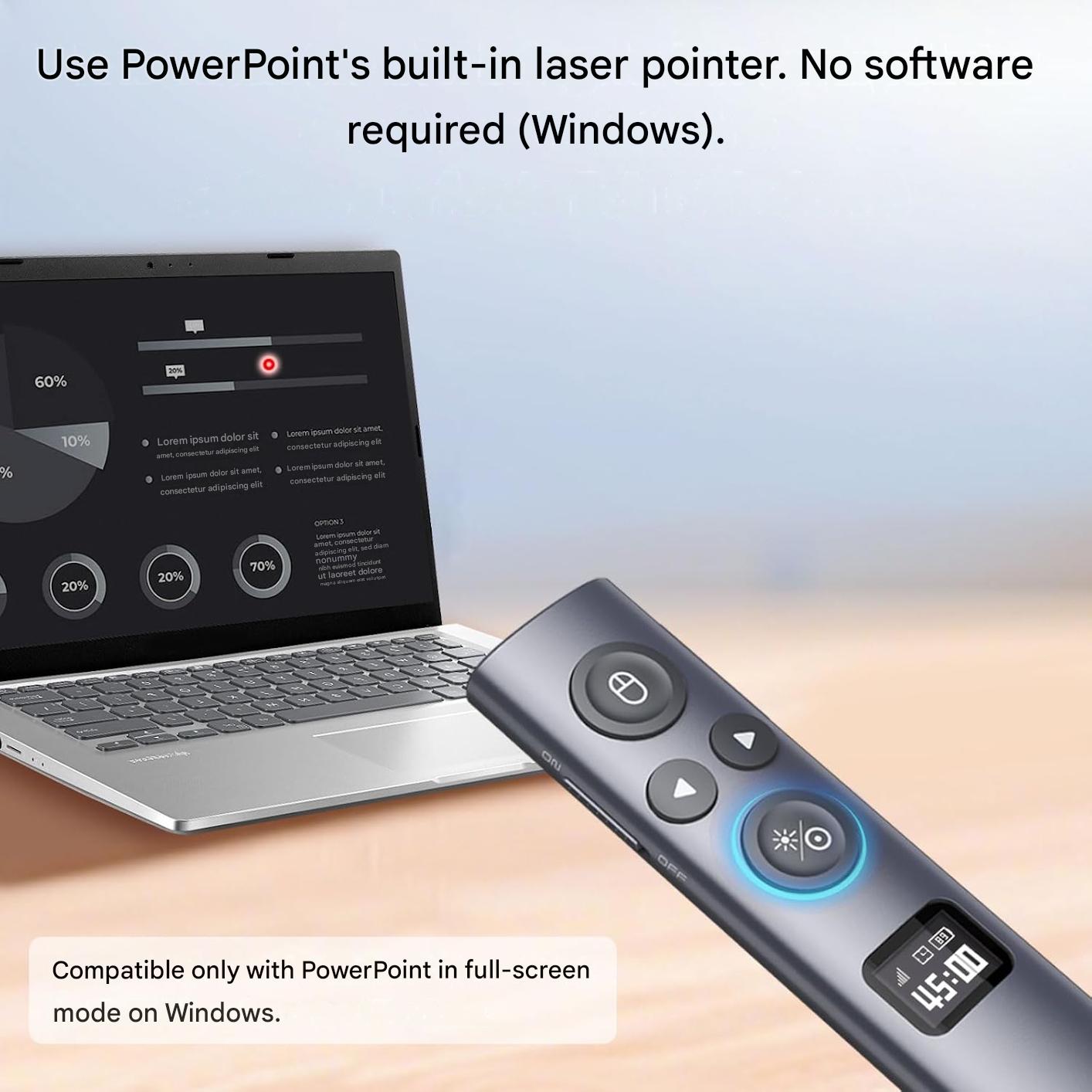 Laser profesional wireless pentru prezentari Norwii N95s BLE, telecomanda cu pointer digital si indicator laser integrat, evidentiere si amplificare pe ecrane LED/LCD si videoproiector, Air Mouse, Timer cu vibratii, Ecran OLED, Bluetooth + USB-A/USB-C