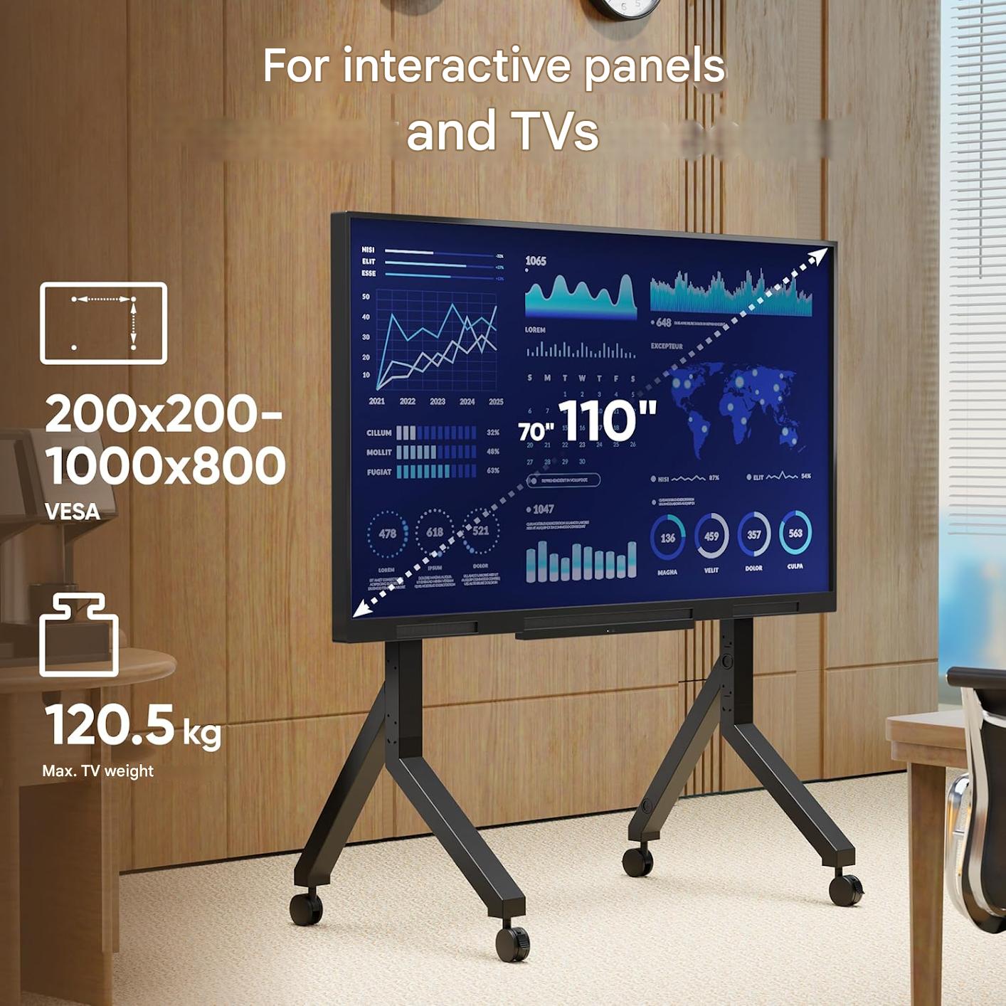 Suport Tv Cu Roti Onkron Pentru Televizoare De 70-110 Inch, Sarcina Maxima 125 Kg, Carucior Tv Cu Raft, Suport Tv Vesa 200X200-1000X800, Suport Tv Mobil Cu Roti, Negru Ts2081-B