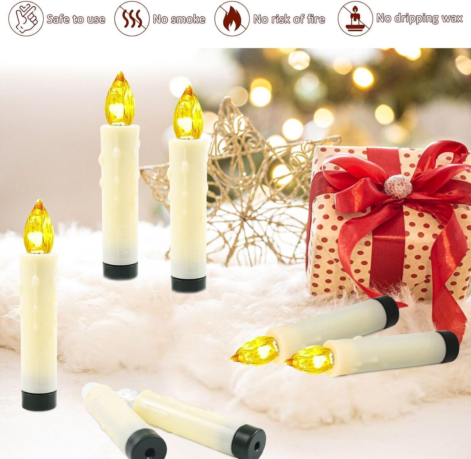 Set 30 lumanari wireless LED cu telecomanda, 1.5 x 9 cm, luminozitate reglabila, temporizator, pentru brad, cu baterii incluse